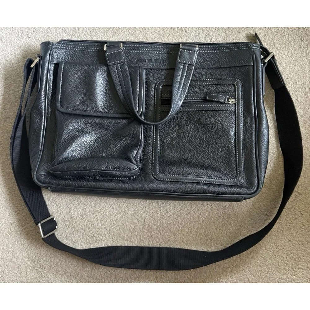 Johnston & Murphy Black Leather Flapped Briefcase Messenger Bag